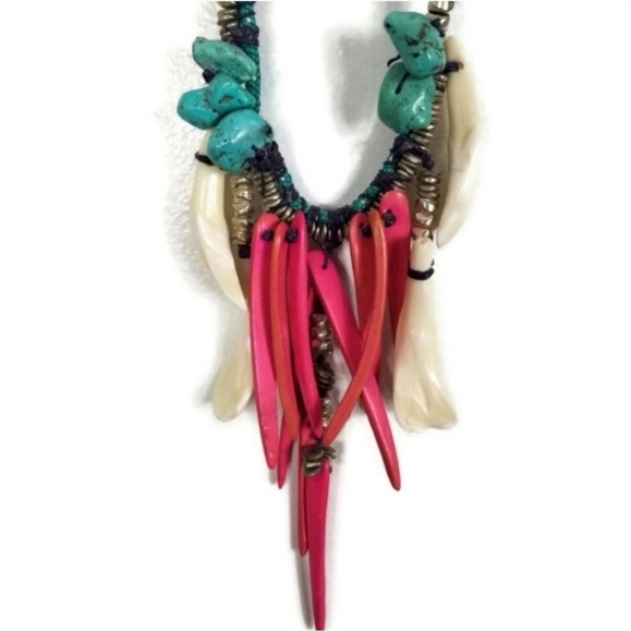 Handmade Tribal Turquoise Wood Silver Bead Bone Artisinal Necklace OOAK - Picture 5 of 14